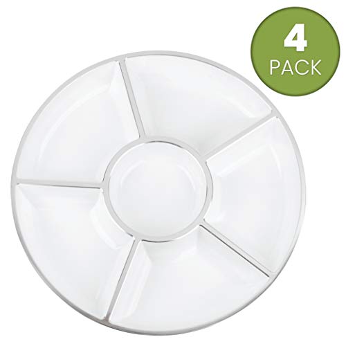 6 Sectional Round Plastic Serving Tray/Platters White W Silver Rim 4 Pack - color: White & Silver
