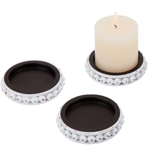 Set of 3 White Wooden Candle Holder Plate Stand for Pillar Candles | Beaded, with Metal Cup Inserts, 4 Inch, Rustic Farmhouse, Candle Pedestal Base for Fireplace Mantel, Table Centerpiece Decor - color: Black White