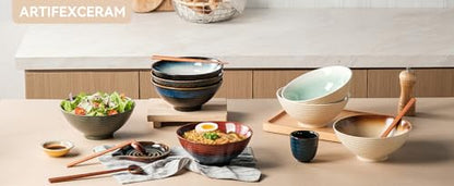 8 Inch Ceramic Ramen Bowl Set of 2, 40oz Japanese Bowls with Spoons & Chopsticks,Durable,Microwave & Dishwasher Safe,Perfect for Ramen,Pho,Salad,Soup,Noodles，Mixing bowls (Aurora Galaxy) - color: Aurora Galaxy