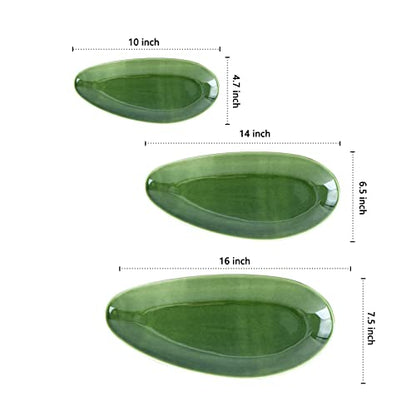 vicrays Large Oval Serving Platters, 16"/14"/10" Porcelain Serving Platters for Party, BBQ,Stackable Serving Trays Serving Plates for Appetizers, Sushi, Restaurant, Set of 3 (Green) - color: Green