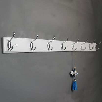 Wooden Wall Mounted Coat Rack 35 inch (90cm) with 8 Silver Hooks, Lang Wood White Coat Hook for Entrance, Hallway, Bedroom, Wall Clothes Hanger - size: Long-35.4in(90cm),8 Silver Hooks, style: Modern