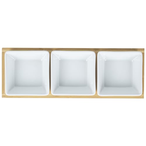 Restaurantware-6 Ounce Bowl Set with Tray - 1 Dishwashable Serving Set, Includes 3 Porcelain Bowls And 1 Bamboo Tray, Durable, White Porcelain And Bamboo Bowl And Platter Kit, Reusable, Freezable - size: Triple set, style: Modern