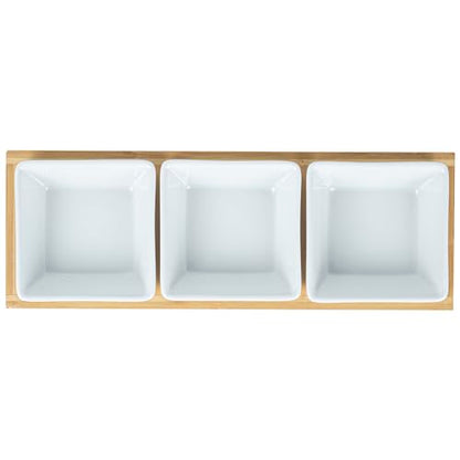Restaurantware-6 Ounce Bowl Set with Tray - 1 Dishwashable Serving Set, Includes 3 Porcelain Bowls And 1 Bamboo Tray, Durable, White Porcelain And Bamboo Bowl And Platter Kit, Reusable, Freezable - size: Triple set, style: Modern