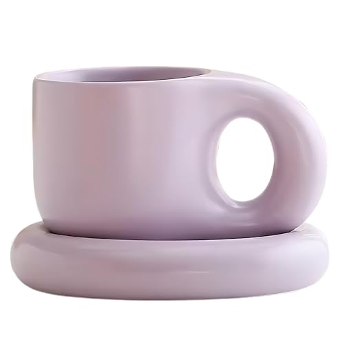 10oz Nordic Ceramic Coffee & Tea Mug, Saucer, Cute Cup, Lovers Gift, Purple | Dishwasher Safe, Microwave Safe, Chunky Handle, Chubby Shape, Home Office Décor, Gift Idea, Kitchen Essentials, Durable - color: Purple