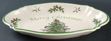 Spode Christmas Tree-Green Trim 11" Oval Merry Christmas Tray, Fine China Dinnerware