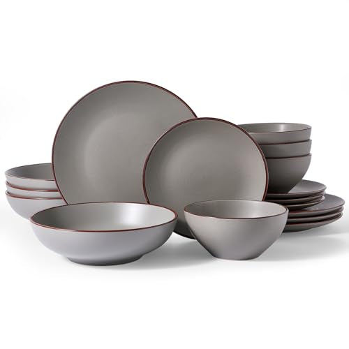 Famiware Venus Stoneware Dinnerware Sets with Pasta Bowls, Dishes Set for 4 | 16 pcs Ceramic Plates and Bowls with Rim, Chip‑Resistant, Everyday & Formal Use, Microwave & Dishwasher Safe, Matte Dark Gray - color: Dark Gray, size: Serves 4 (16pc w/ Pasta B