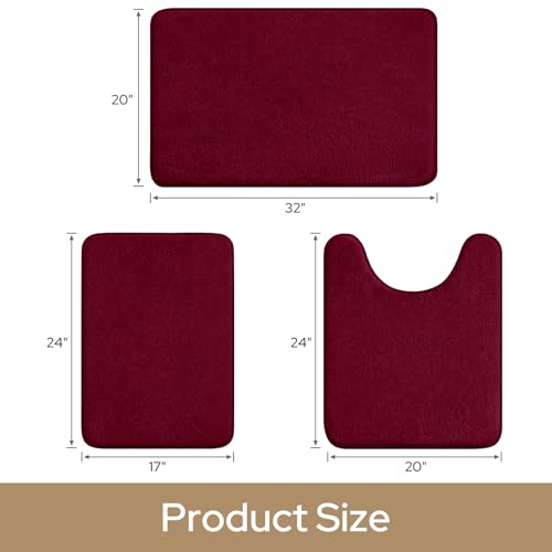 HOMEIDEAS Upgraded Bathroom Rugs Set 3 Piece, Ultra Soft Memory Foam Bath Mats, Super Absorbent Non Slip Washable U-Shaped Toilet Bath Rug (Burgundy Red, 17"x24"+20"x32"+U-Shaped 20"x24") - color: Burgundy Red