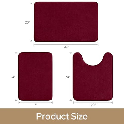 HOMEIDEAS Upgraded Bathroom Rugs Set 3 Piece, Ultra Soft Memory Foam Bath Mats, Super Absorbent Non Slip Washable U-Shaped Toilet Bath Rug (Burgundy Red, 17"x24"+20"x32"+U-Shaped 20"x24") - color: Burgundy Red