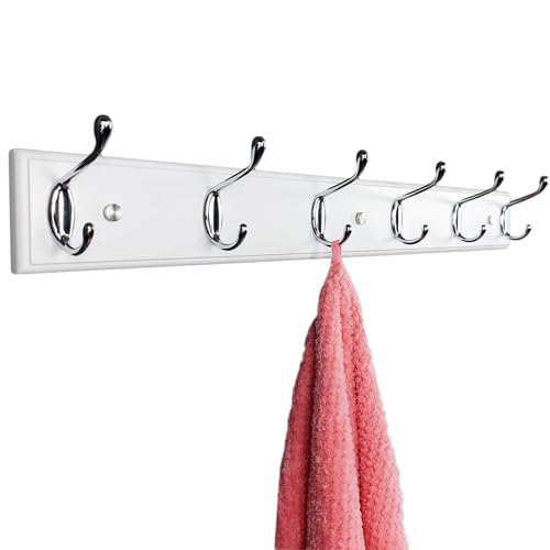 Wooden Wall Mounted Coat Rack – 25 Inch (65vcm), White with 6 Silver Hooks for Entryway, Hallway, Bedroom - size: Medium-25.6in(65cm),6 Silver Hooks, style: Modern