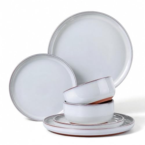 E-far Stoneware Dinnerware Sets for 2, 6 Pieces Reactive Glaze Plates and Bowls Sets, Elegant Dishes with Rustic Terracotta Base, Dishwasher & Microwave Safe, Scratch Resistant, Glacier White - color: Glacier White, size: Service for 2