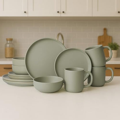 12-Piece Stoneware Dinnerware Set with Mugs | Microwave and Dishwasher Friendly | Stackable Matte Glaze Plates & Bowls | Service for 3 (Green for 3) - color: Green for 3