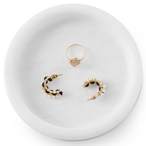 Marble Jewelry Dish, 5" Handmade White Ring Tray | Handmade trinket holder for earrings, necklaces, keys & candles, Catchall dish for vanity, nightstand & gift for women - color: White
