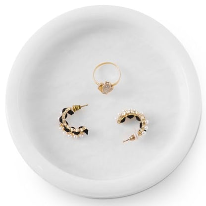 Marble Jewelry Dish, 5" Handmade White Ring Tray | Handmade trinket holder for earrings, necklaces, keys & candles, Catchall dish for vanity, nightstand & gift for women - color: White