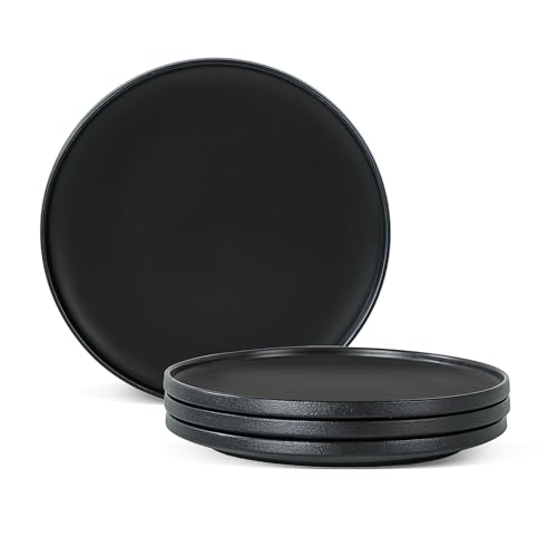 Ceramic Dinner Plates, 10.25 Inch, Set for 4, Modern Black | Flat Dish Design, Microwave & Dishwasher Safe, Perfect for Family and Entertaining, For Steak, Sandwiches, Pizza, Pasta - color: Black, size: Dinner Plates Set (4PCS)