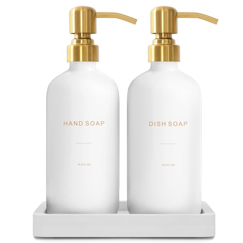 Prus Waso Gold Soap Dispenser Set | Glass Soap Dispenser with Stainless Steel Pump, Perfect for Modern Kitchen Counter Decor - color: White Bottle & Gold Pump