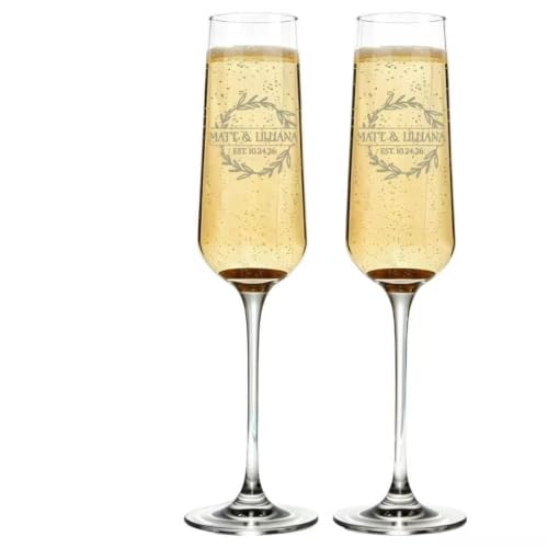 Personalized Wedding Champagne Flutes Set of 2, Mr & Mrs Toasting Glass | Glasses for Bride & Groom, Engagement, Bridal Shower, Anniversary, Wedding Gift for Couples, Husband & Wife, Valentines Day - color: Champagne Flutes, size: Leaf