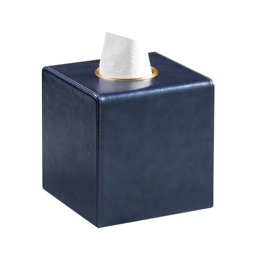 Square Tissue Box Cover with Magnetic Closure, Navy Blue | Luxury PU Leather Tissue Holder with Gold Tone Metal Opening, Fits All Standard Cube Tissue Boxes - color: Navy Blue