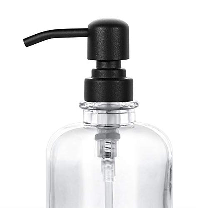 Thick Clear Glass Jar Hand Soap Dispenser Bathroom with Matte Black Stainless Steel Pump, 12ounce Clear Boston Round Bottle Dispenser with Rustproof Pump for Kitchen Dish (Matte Black)