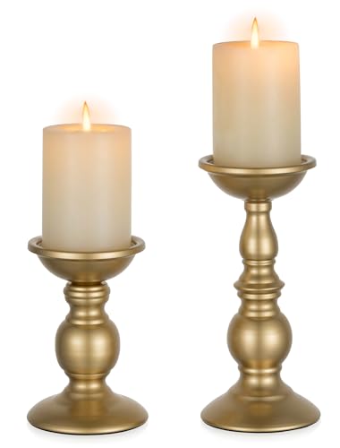 NUPTIO Gold Candle Holder for Table: Candle Centerpieces for 3" Pillars | (S+L) Vintage Brass Stand for Christmas Fireplace Table, Gifts for Wedding Party Home Spa Reiki Votive Candle - color: Gold, size: S + L