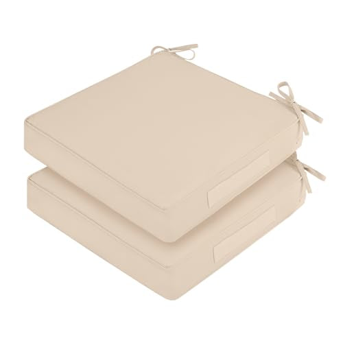 Waterproof Outdoor Chair Cushions Set of 2, Square Outdoor Seat Cushions with Ties and Removable Covers, 19 x 19 Outdoor Cushions for Patio Furniture with Portable Handle(Beige) - color: Beige, size: 19x19x3