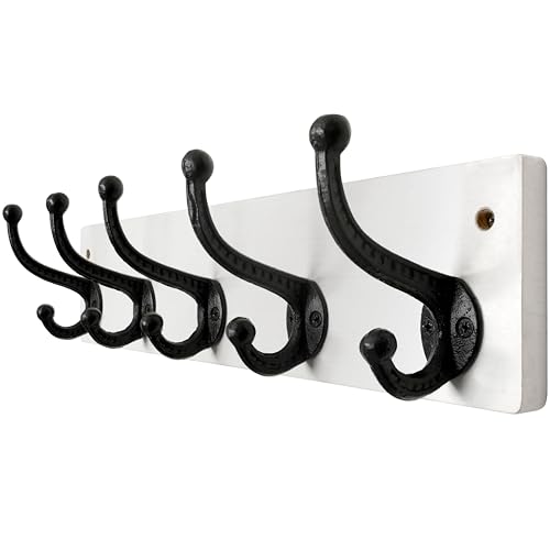 WEBI Rustic Coat Rack Wall Mount,5 Cast Iron Coat Hooks Wall Mounted,Heavy Duty Wall Coat Hanger,Vintage Hooks for Hanging Coats,Clothes,Black on White - color: White, size: 17 Inch