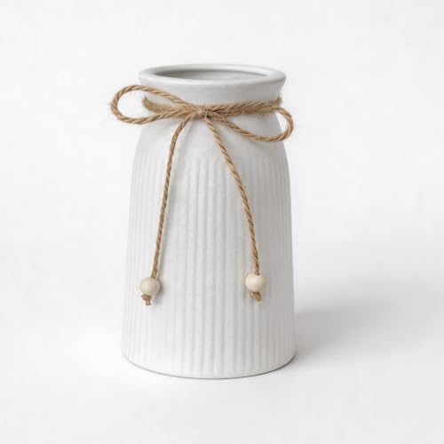 Rustic 6-Inch Ceramic Vase with Jute Rope & Wood Ball Charm for Home Décor, White Flower Vase for Table Centerpieces and Gifts, Ideal for Living Room, Bedroom - style: Elegant