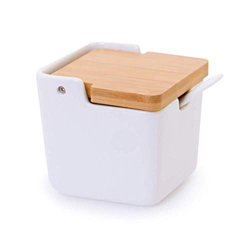 Ceramic Sugar Bowl with Bamboo Lid and Spoon,Porcelain Sugar Container for Home Kitchen,Salt Condiment for Sugar Tea Coffee Spice,White,9 Fl oz 270ML - color: S-002