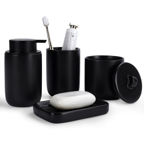 BosilunLife Black Ceramic Bathroom Accessories Set of 4 | Bathroom Decor Sets Accessories Bathroom Lotion Soap Dispenser and Toothbrush Holder Set, Soap Dish, Apothecary Jars.(Liquid) - color: Smooth-black-liquid