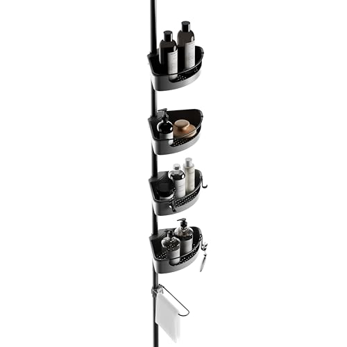 Zenna Home Tension Pole Shower Caddy Corner Organizer - Adjustable Standing Shower Caddy with 4 Baskets, 6 Hooks and Towel Bar, Rustproof Bathroom Tension Rod Organizer, 60 to 108 Inch, Matte Black