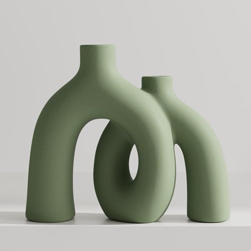 Hug Donut Decorative Vase Set - Sage Green Modern Nordic Boho Style Vases Home Decor,Matte Ceramic Decorations for Living Room Shelf, Bookshelf Mantle Entryway Table or Console Décor(Green) - color: Green
