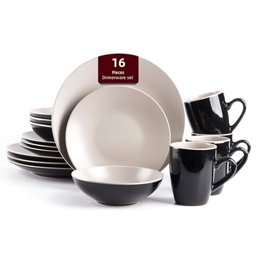 Stoneware Two-Tone Colors Life 16pc Dinner Set， Outside Shiny Black + Inside Matte Glaze Light Beige - color: Light Beige, size: 16pc Set