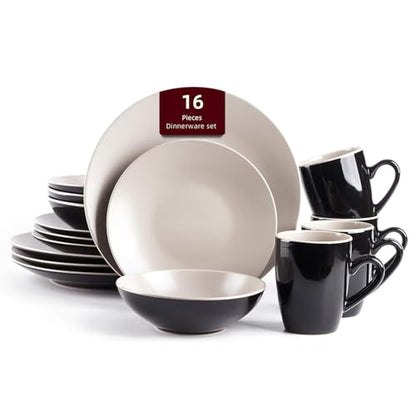 Stoneware Two-Tone Colors Life 16pc Dinner Set， Outside Shiny Black + Inside Matte Glaze Light Beige - color: Light Beige, size: 16pc Set