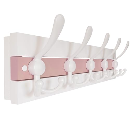 SKOLOO Coastal Wall Mounted Coat Rack - 16-7/8" Beach House Entryway Wooden Coat Hook with 5 Hooks for Hanging Coats, Hats or Towels, Oceanfront Cottage Core Collection, White & Palm Beach Pink - color: Pink & White Plates & White Hook, size: 1 Item-5 Hoo