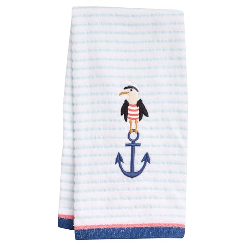 Ritz 2-Piece Cotton Velour Bathroom Hand Towel Set, Embroidered Anchor Seagull, Blue Pinstripe Coastal Towels for Lake House, Beach, Nautical Decor, 16” x 26” - color: Anchor Seagull, size: 2-Pack Hand Towels