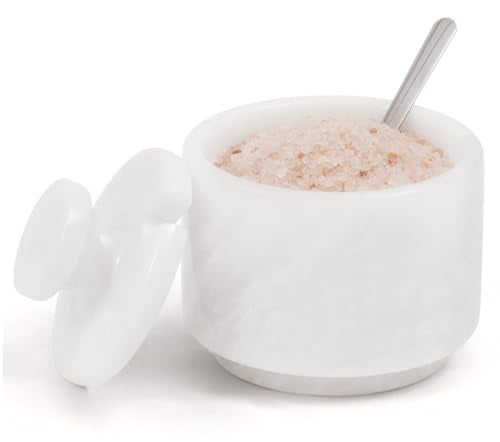 Marble Salt Cellar with Lid & Spoon 3" White Small Flaky Salt Container, Seasoning Jar, Spice Storage Countertop, Ideal For Salt Box, Sugar Jar Kitchen Décor - color: White