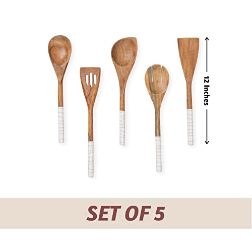 Folkulture Wooden Spoons for Cooking,Kitchen Utensils Set of 5(12") | Smooth Finish, Soft, Comfort, Durable, Non Toxic, Non Stick, Acacia Wooden Spoons, Cooking Gifts for Women,Kitchen Essentials - color: White Check