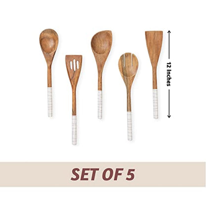 Folkulture Wooden Spoons for Cooking,Kitchen Utensils Set of 5(12") | Smooth Finish, Soft, Comfort, Durable, Non Toxic, Non Stick, Acacia Wooden Spoons, Cooking Gifts for Women,Kitchen Essentials - color: White Check