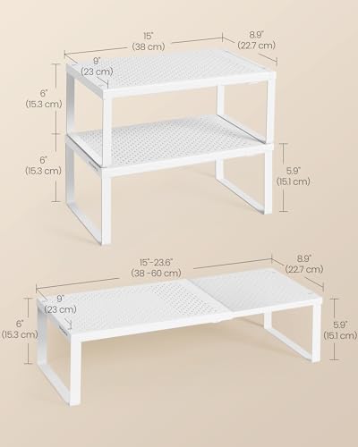 SONGMICS Spice Racks Expandable Kitchen Countertop Shelves, Metal | Set of 2 small cupboard organizers, space-saving tabletop shelves, Matte White, UKCS402W01 - color: Matte White, size: Set of 2