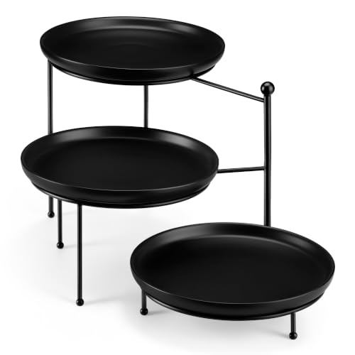 MALACASA Round 3 Tier Serving Tray, 10 Inch Black Porcelain Dessert Stand | Round Black Porcelain Trays with Black Metal Rack for Cupcakes, Cakes, Fruit and Appetizers, Dishwasher Safe for Parties - color: Black