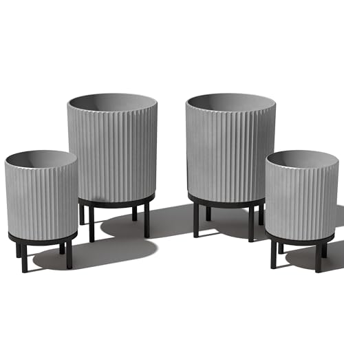 Veradek Demi Series Raised Duo Planters - Set of 2 Planters with Stands | Made From a Durable Plastic-Stone Composite & Comes With Wooden Stand. Modern Porch/Patio Décor - color: Gray/Black, size: Bundle - 2 Pack