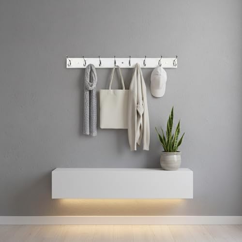 Wooden Wall Mounted Coat Rack – 31 Inch, White with 8 Silver Hooks for Entryway, Hallway, Bedroom - size: Long-31.5in(80cm),8 Silver Hooks, style: Modern