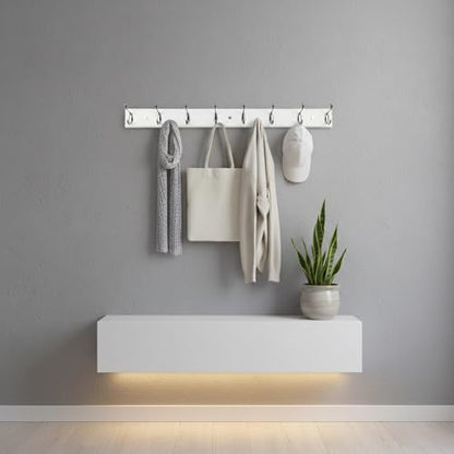 Wooden Wall Mounted Coat Rack – 31 Inch, White with 8 Silver Hooks for Entryway, Hallway, Bedroom - size: Long-31.5in(80cm),8 Silver Hooks, style: Modern