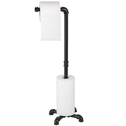 MOOACE Toilet Paper Holder Stand, Free Standing Bathroom Tissue Roll Holder | Heavy Duty & Industrial, Rustproof Paper Roll Dispenser Rack with Storage, Matte Black