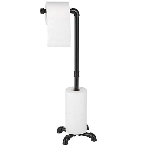MOOACE Toilet Paper Holder Stand, Free Standing Bathroom Tissue Roll Holder | Heavy Duty & Industrial, Rustproof Paper Roll Dispenser Rack with Storage, Matte Black