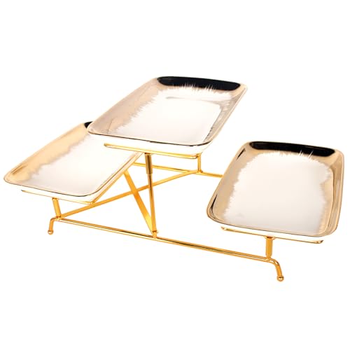 3-Tiered Serving Rack with Ceramic Tray, Foldable Gold Stand with 3-PCS 10.6 Inch Gold Rim Plates, for Food Display, Fruit, Dessert，Decoration for Parties Entertaining - color: 3-pcs 10.6 Inch