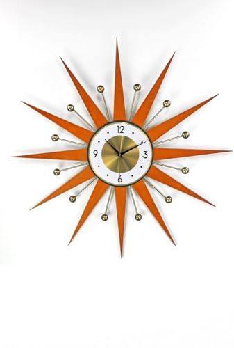 30" 27" 25" Burnt Orange Atomic Wall Clock Starburst Clock Brass Gold Large Clock Vintage Modern Industrial Clock (Brown,25in)