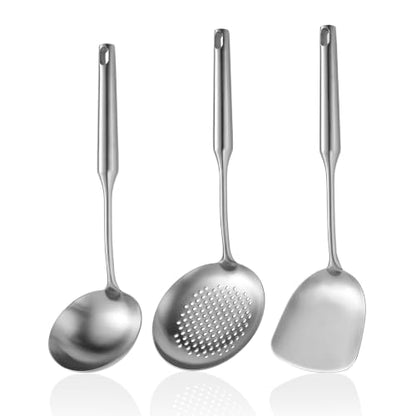 Wok Utensils for Carbon Steel, Stainless Steel Wok Spatula, Wok Tools Professional Set, 3-Pieces Food-Grade 304 Stainless Steel Cooking Utensils All Metal, Dishwasher Safe - color: Natural 3