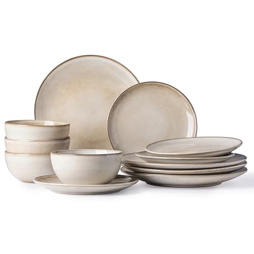 AmorArc Ceramic Dinnerware Sets for 4, 12 Pieces Handpainted Stoneware Plates and Bowls Set, Scratch Resistant Dishes Set, Dishwasher & Microwave Safe, Cappuccino - color: Cappuccino, size: Service for 4