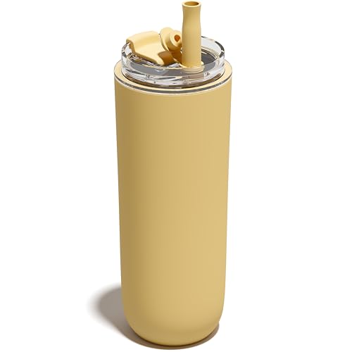 16 oz Insulated Coffee Tumblers, Travel Coffee Tumblers with Straw (Yellow) | Double-Wall Stainless Steel Tumbler, Leak Proof Tumbler, Reusable Cups with Lids for lced and Hot Drinks - color: 16-Yellow, size: 16 Ounces
