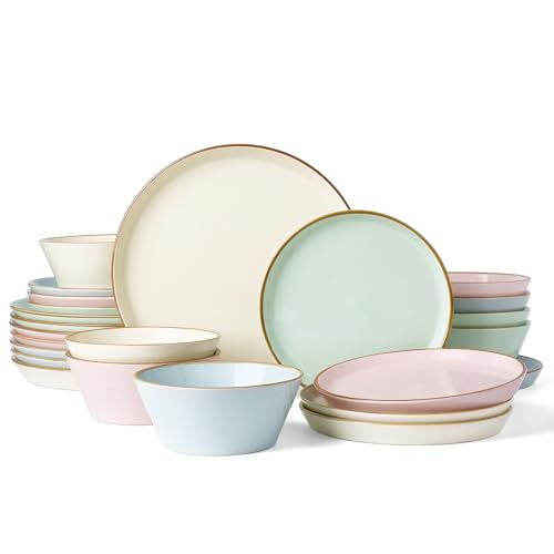 Famiware Saturn Stoneware Dishes Dinnerware Set for 8, Rimmed Plates, Bowls | Multicolor, 24-Piece Ceramic Kitchenware, Chip and Scratch Resistant, Microwave and Dishwasher Safe, Modern Rustic Tableware - color: Multicolor, size: 24